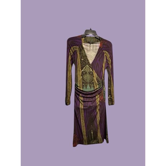 Etro Italy Purple Green Multi Paisley Long Sleeve V-Neck Dress sz 42 M US 6 - Picture 7 of 14